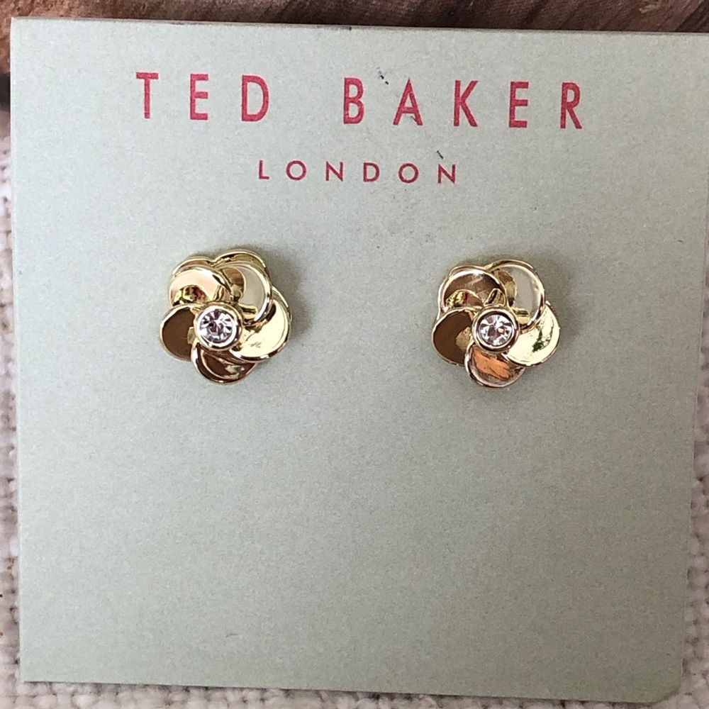Ted Baker Polished Gold Tone Flower Stud Earrings Crystal Accent NWT